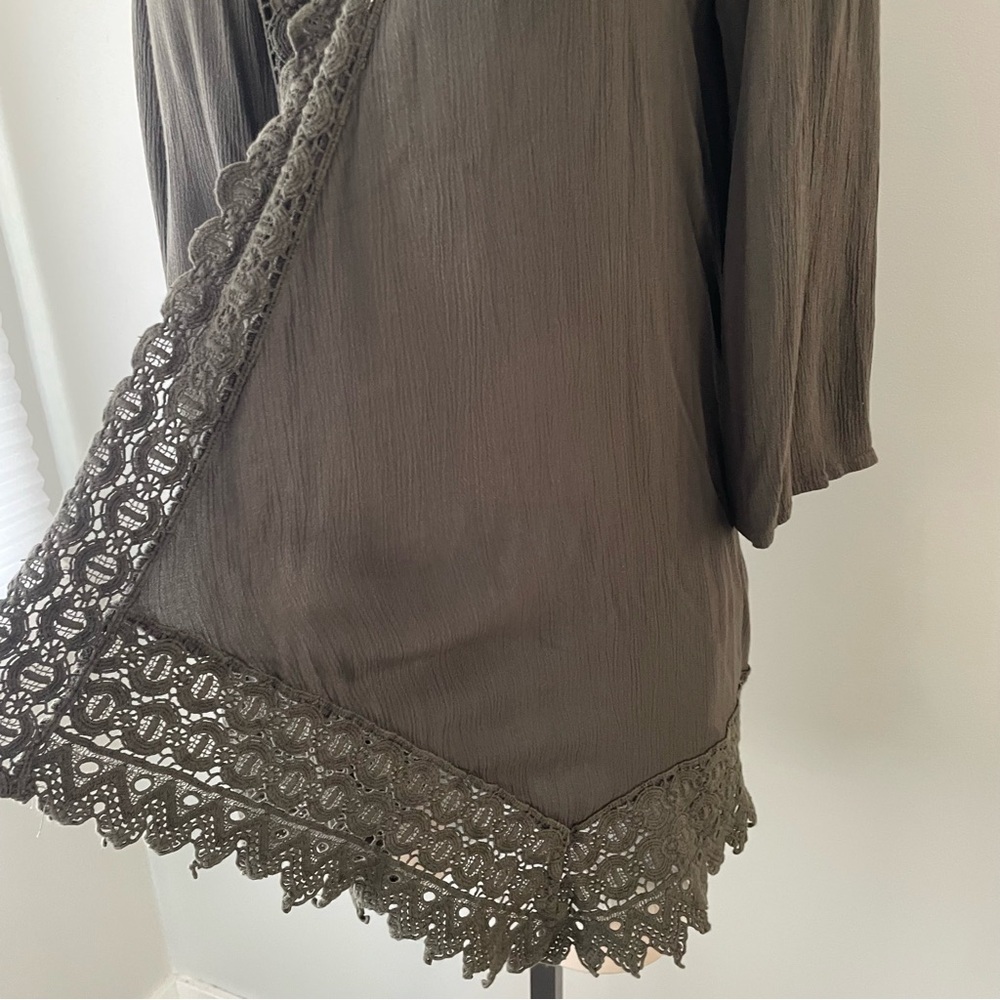 Boho Crochet Trim Crepe Open Cardigan Olive Green Size Medium - Picture 4 of 7